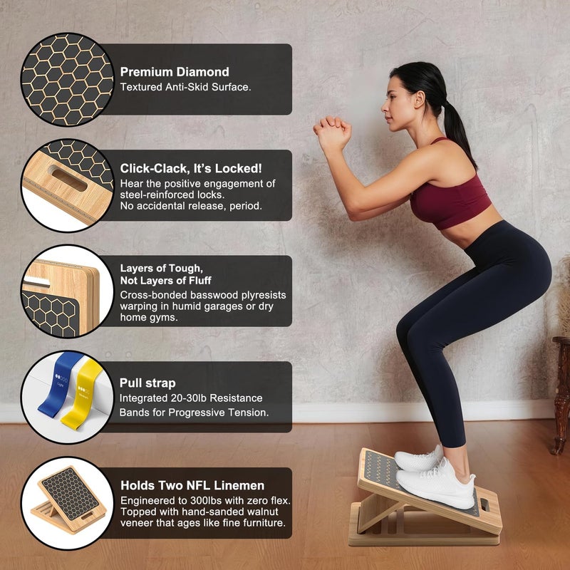 Dacimora Wooden Slant Board for Calf Stretching, Adjustable Portable Wooden Incline Board with Training Guide, 300 lb. Load Capacity, Physical Therapy Equipment for Legs, Knees, Heels and Ankles - Image 2